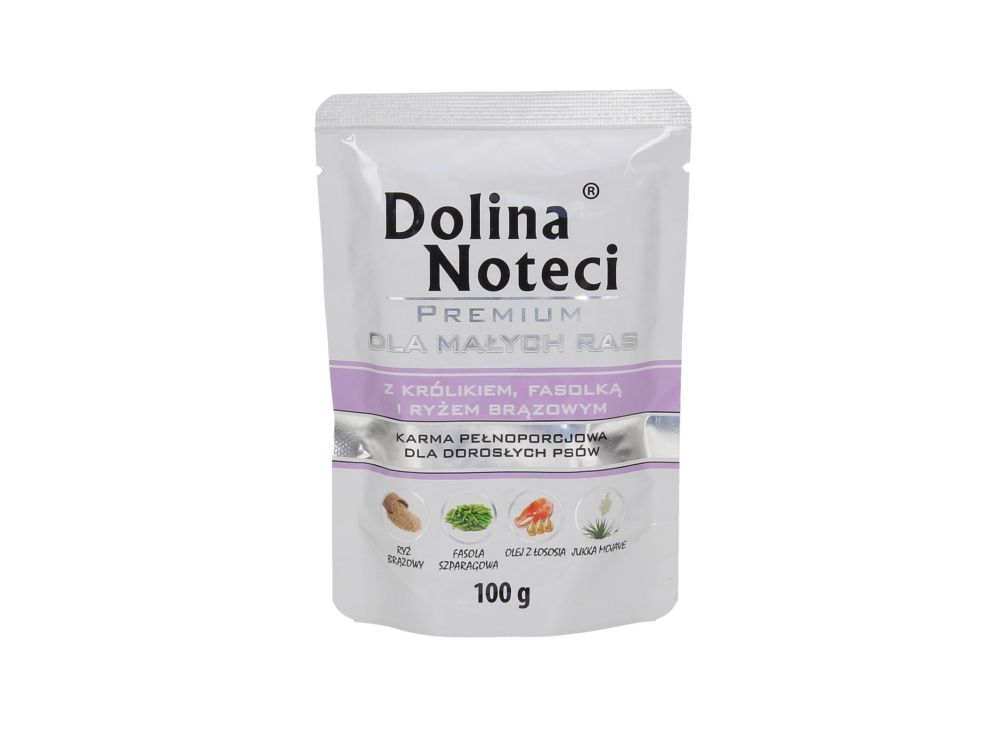 DOLINA NOTECI PREMIUM MAŁE RASY Z KRÓLIKIEM, FASOLKĄ I BRĄZOWYM RYŻEM SASZETKA 100G