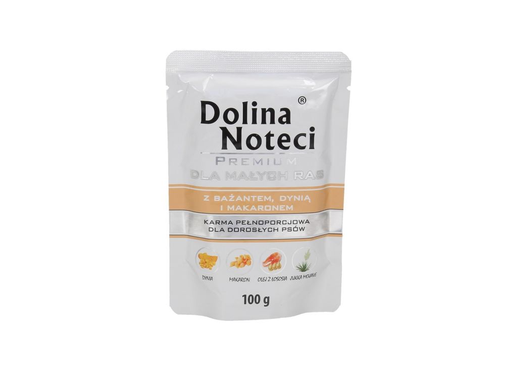 DOLINA NOTECI PREMIUM MAŁE RASY Z BAŻANTEM, DYNIĄ I MAKARONEM SASZETKA 100G