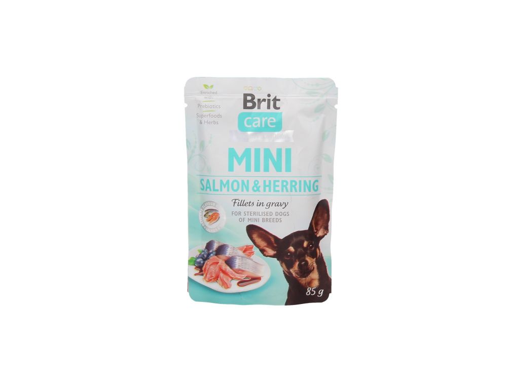 BRIT CARE MINI POUCH SALMON & HERRING STERILISED FILLETS IN GRAVY 85G