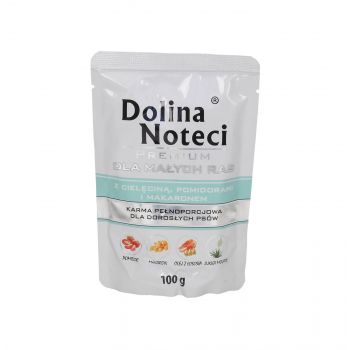 DOLINA NOTECI PREMIUM MAŁE RASY Z CIELĘCINĄ, POMIDORAMI I MAKARONEM SASZETKA 100G