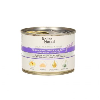 DOLINA NOTECI PREMIUM JUNIOR MAŁE RASY BOGATA WĄTRÓBKĘ Z KRÓLIKA Z OZORAMI JELENIA 185 G